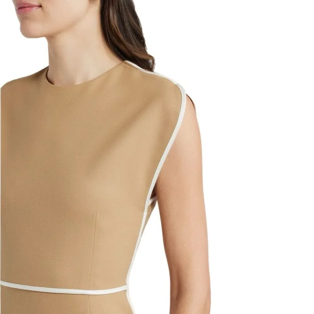 NWT BOSS “Détira” wool blend midi sheath dress in beige and cream Size 10